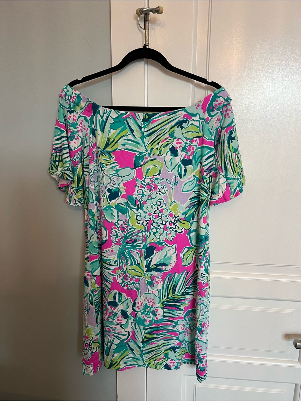 Lilly Pulitzer off the Shoulder Tropical Floral Dress in Pink and Green